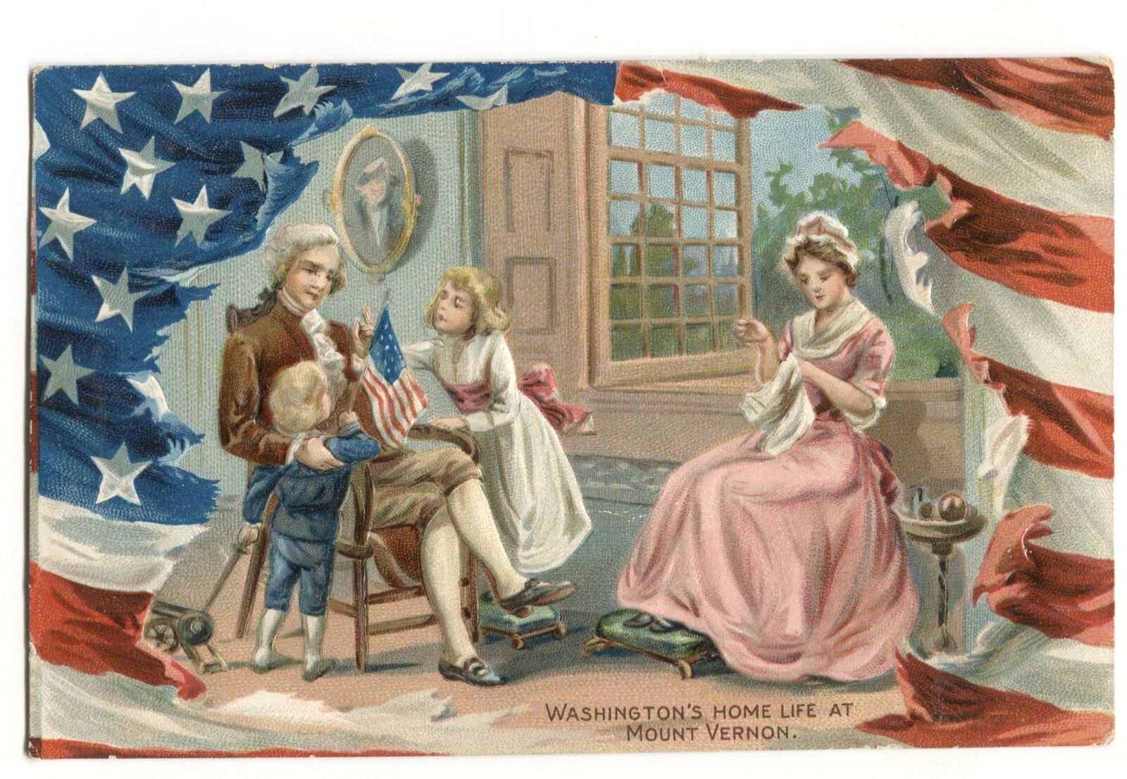 Patriotic Postcard Washington's Home Life Mount Vernon American Flag 