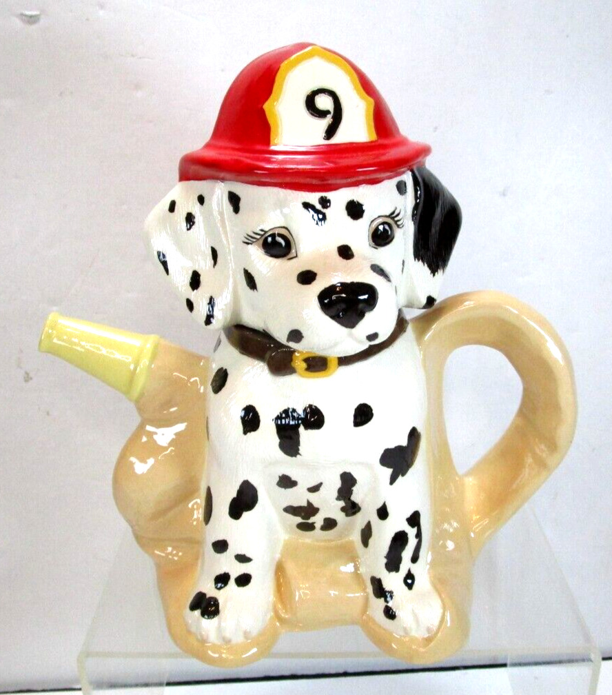 Spunky Dalmatian Firehouse Dog Decorative Teapot With Fire Hose & Red Helmet