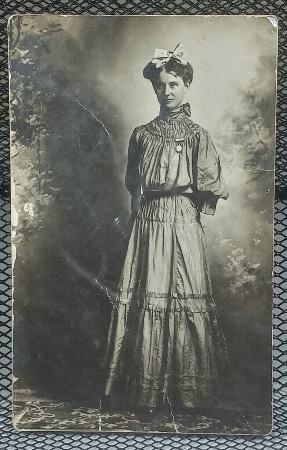 c.1900\'s Young Woman Hair Bow Studio Brunette Dress Antique RPPC c.1910\'s