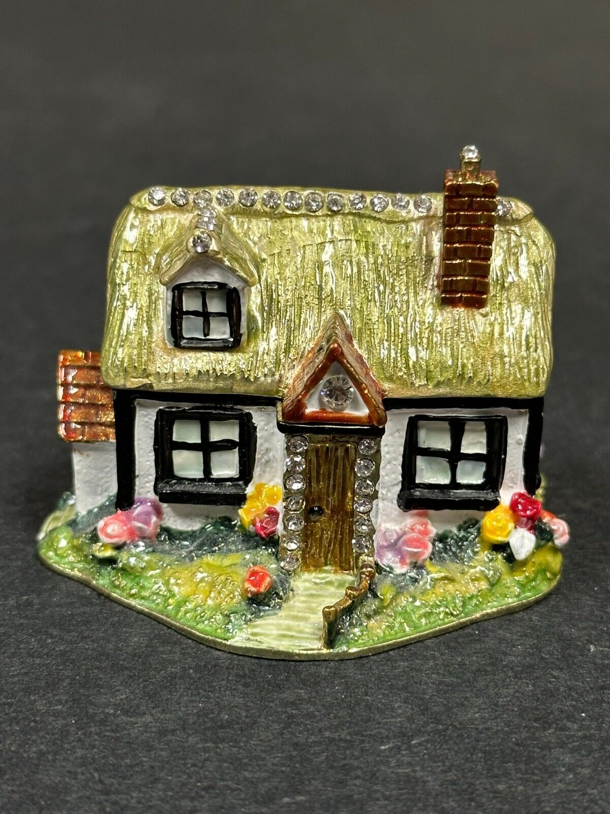 Vintage Cute House Enamel Bejeweled Trinket Box
