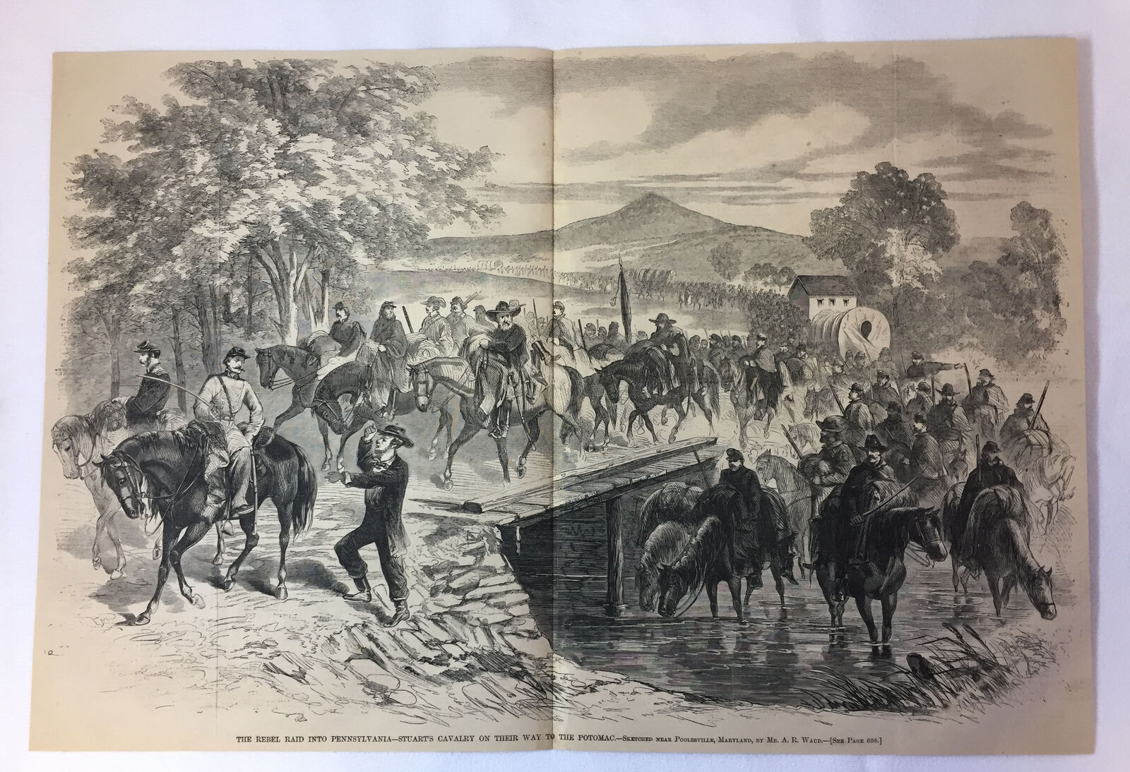 1862 magazine engraving~14x21~REBEL RAID INTO PENNSYLVANIA~STUART\'S CAVALRY