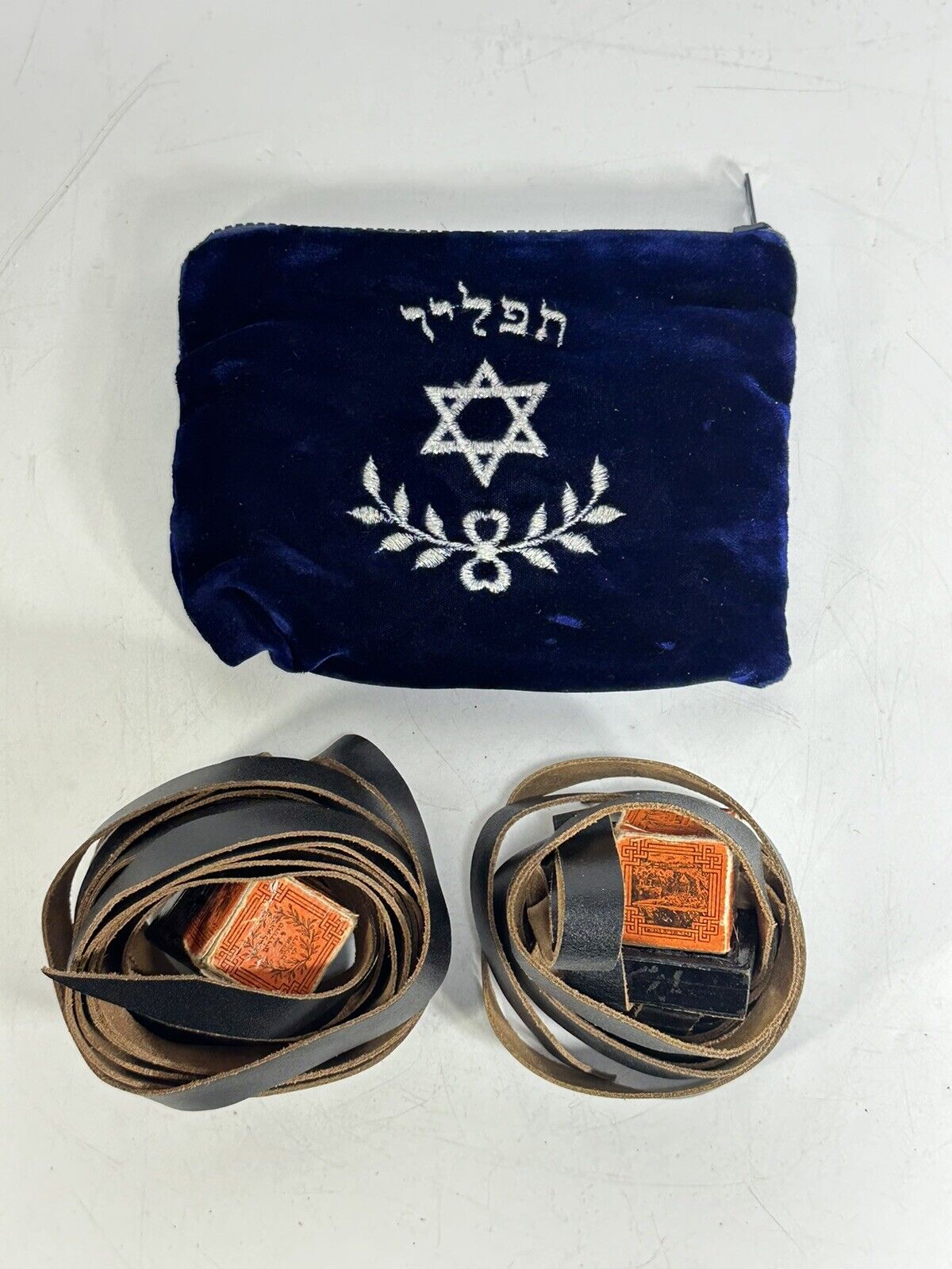 Leather Tefillin in Velvet Blue Bag ~ Prayer Jewish Judaica Israel Jerusalem