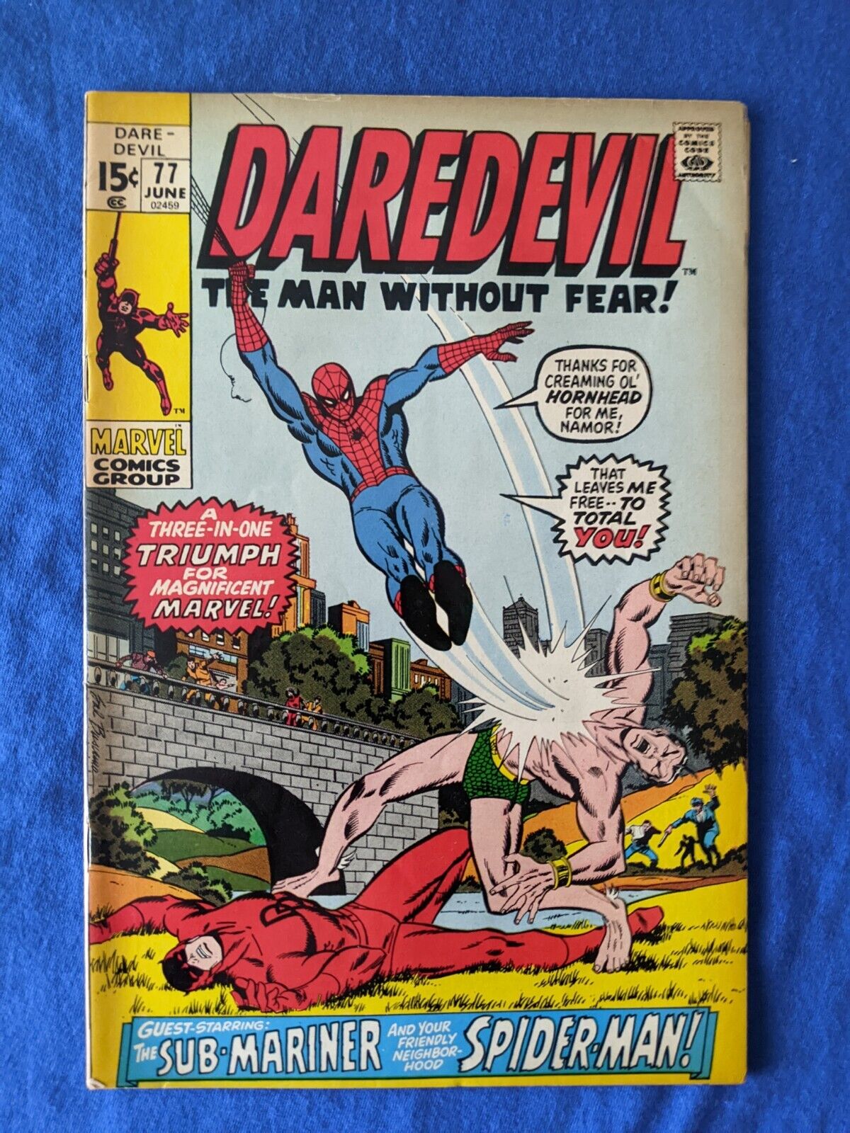 DAREDEVIL #77 (June 1971) Marvel Bronze Age classic, Spider-Man and Sub-Mariner