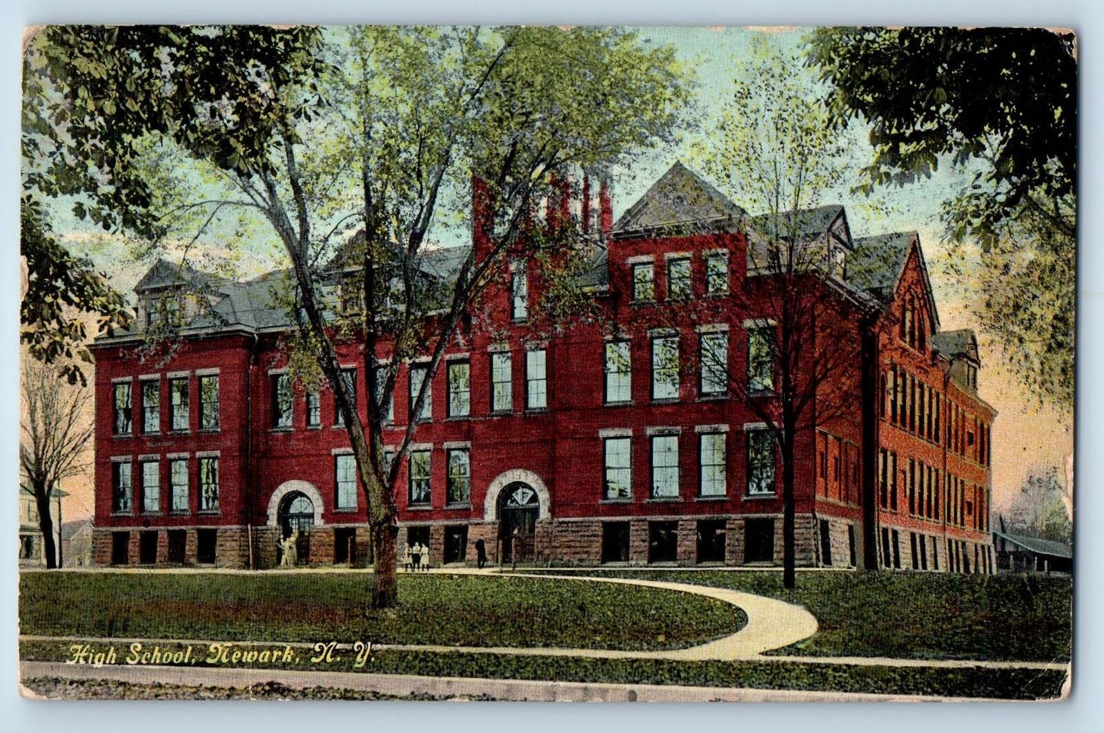 Newark New York NY Postcard High School Building Exterior 1913 Antique Trees