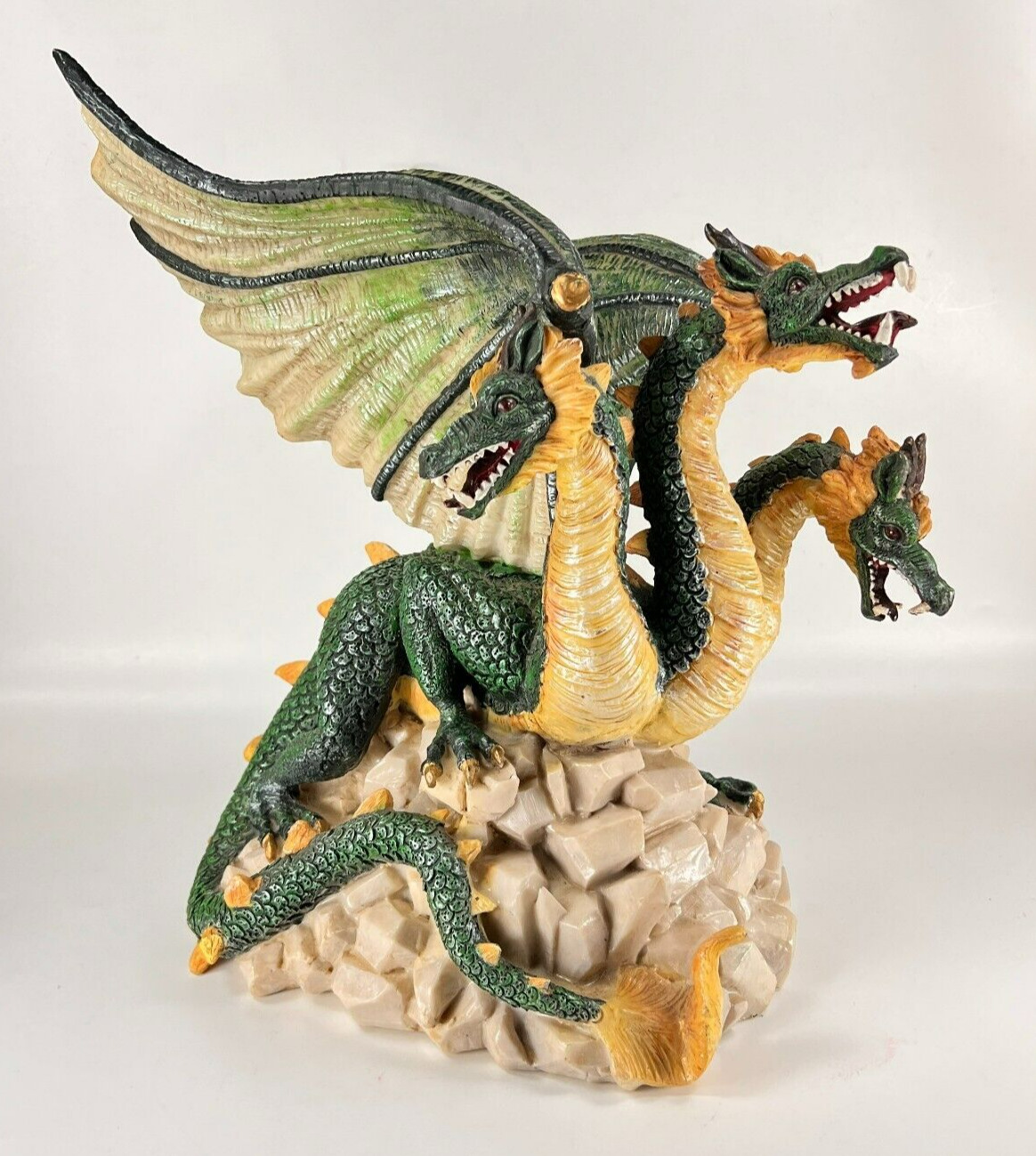 Green Hydra Three Headed Dragon On Rocks Figurine Medieval Fantasy