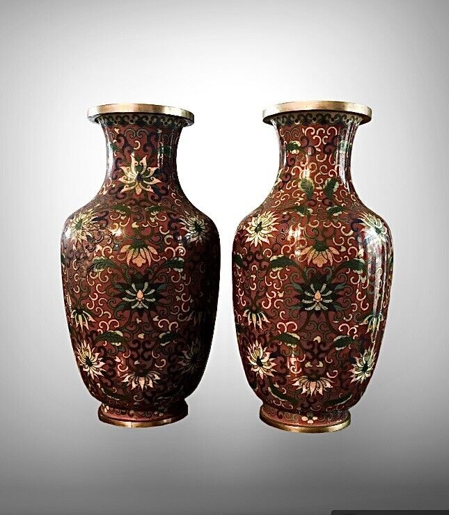 PAIR of Vintage Cloisonné Vases. Multi-Color Floral. Brass and Enamel