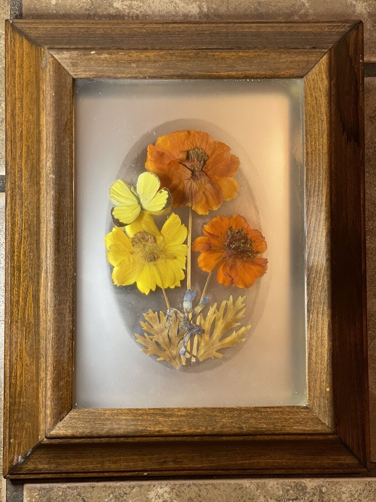 Pressed Flower & 3D Real Butterfly 2.25” Deep Wall Art  Orange Lavender Flowers