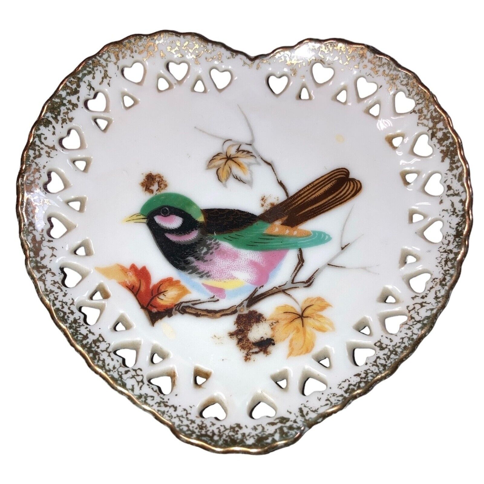 Vintage Japan Lattice Plate, Hand Painted Bird Lattice Edged Heart Shaped Plate