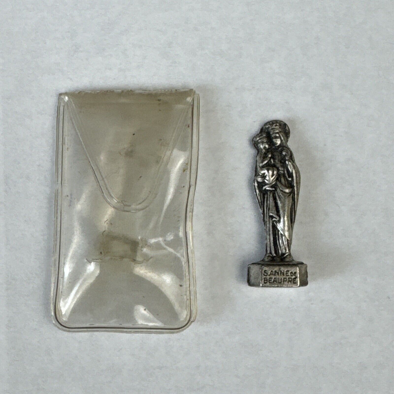 Vintage Catholic St Anne de Beaupre Metal Pocket Shrine + Case Mini Figurine