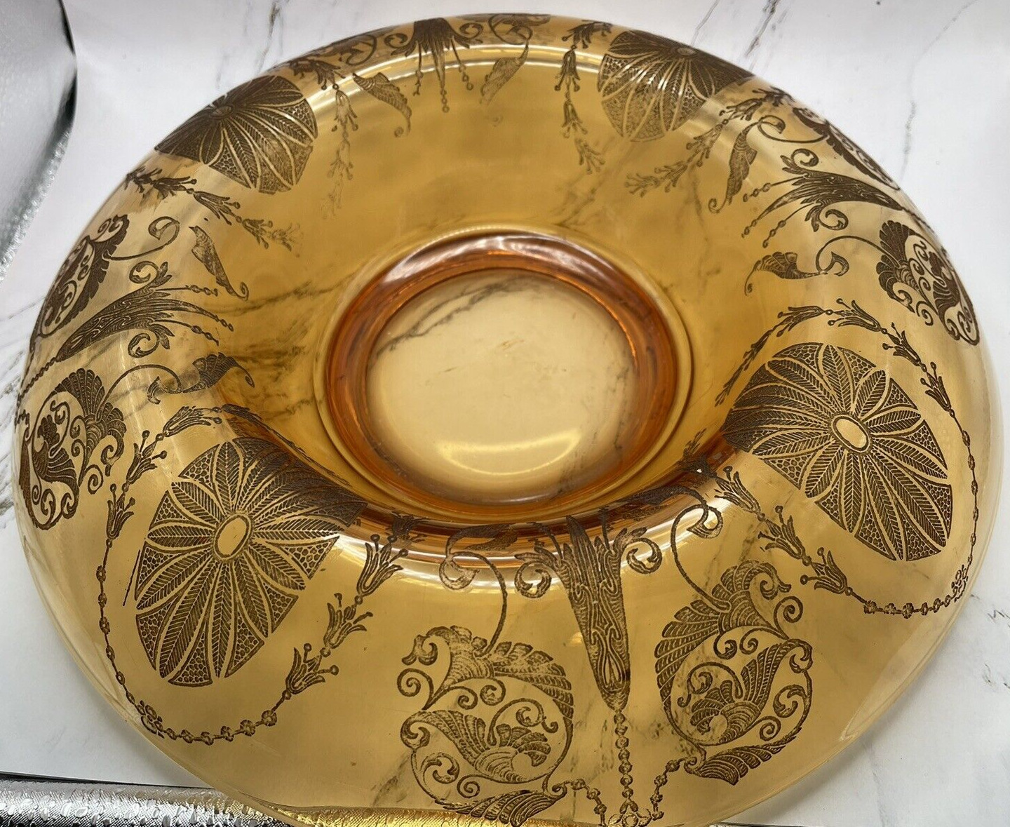Large Bohemian Amber Art Glass Centerpiece Bowl, Etched Fold Over Edge 11\