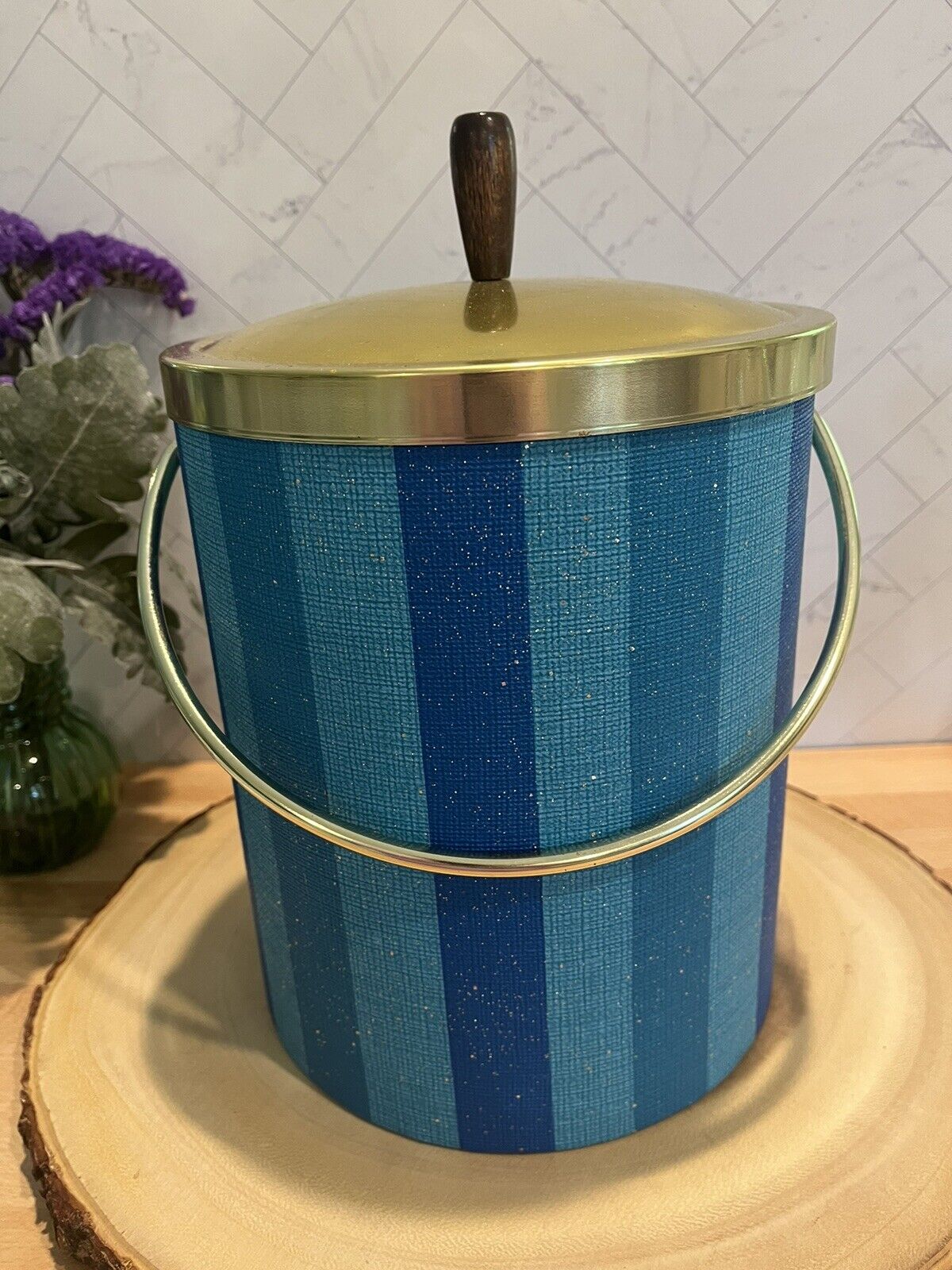 Vintage Mid-Century Two-Toned Striped Metallic Ice Bucket