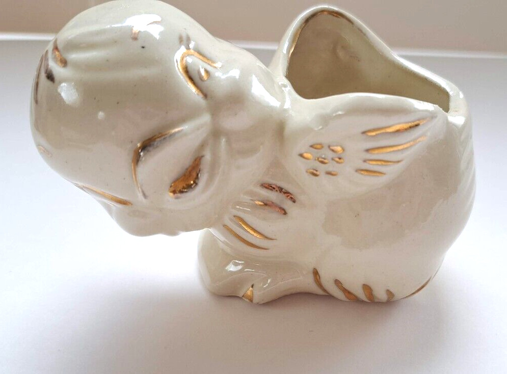 Vintage Ceramic MCM Bird Chick With BowPlanter Cream and Gold Glaze Anamorphic