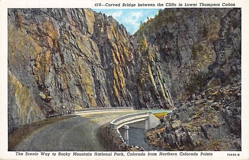 Postcard CO: Curved Bridge, Lower Thompson Canyon, Colorado, Vintage Linen