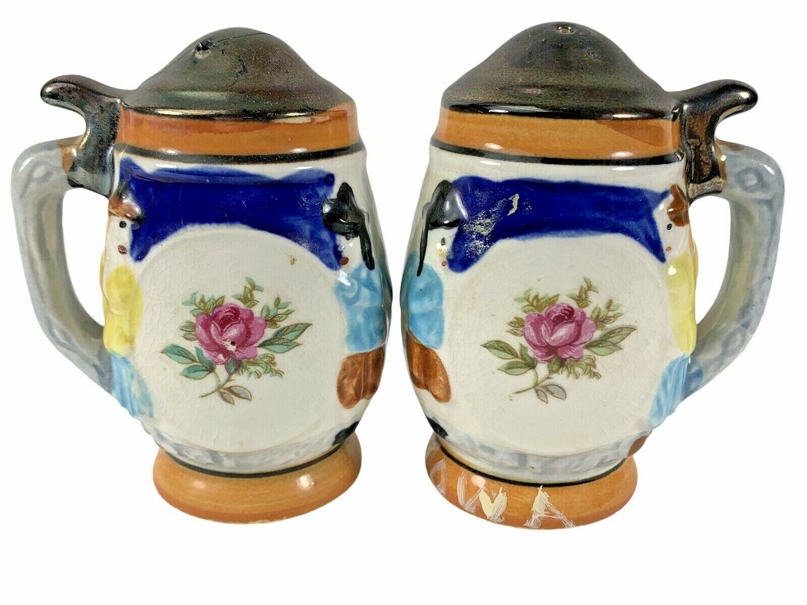 Vintage Hand Painted Japanese Stein Pitcher People Salt And Pepper Shakers 