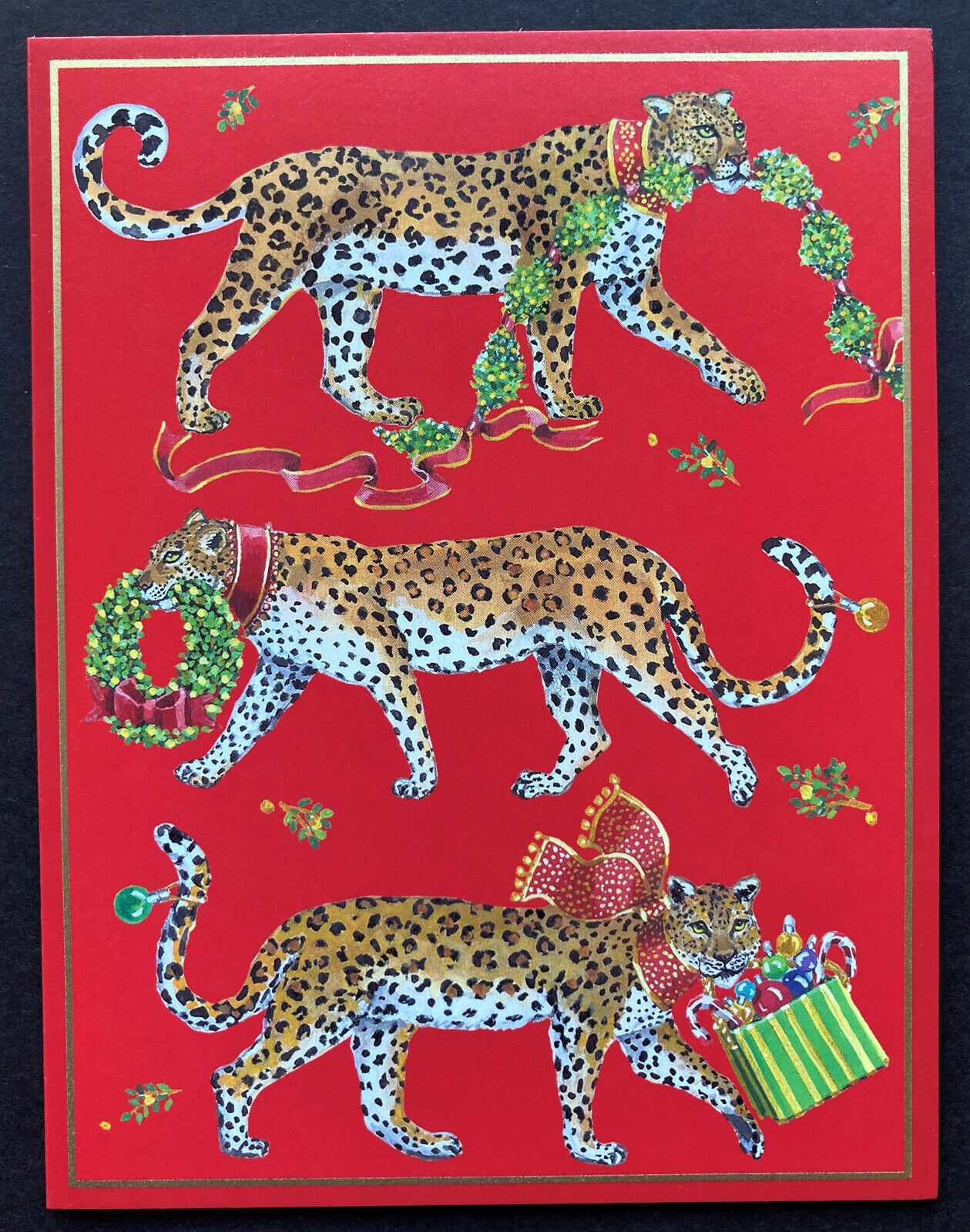 *ONE* Caspari Leopard Christmas Holiday Card Red Gorgeous Gold Foil Big Cat 1