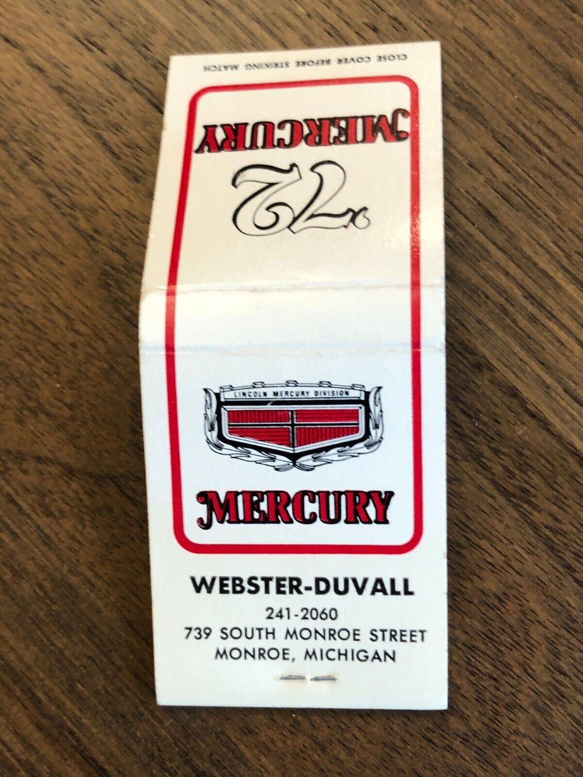 Vtg. \'72 Mercury Automobile Dealer Matchbook Webster-Duvall Monroe MI Unstruck