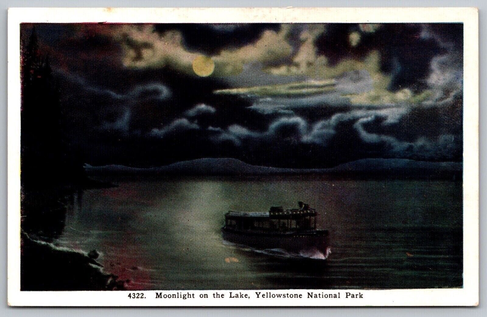 Moonlight Lake Yellostone National Park Boat Night View Mountain VNG Postcard