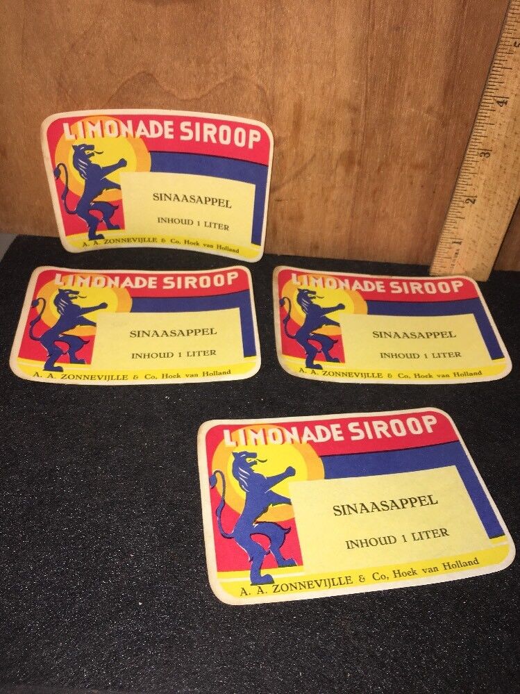4 VIntage Dutch Lemonade Siroop Syrup Bottle Labels Rare
