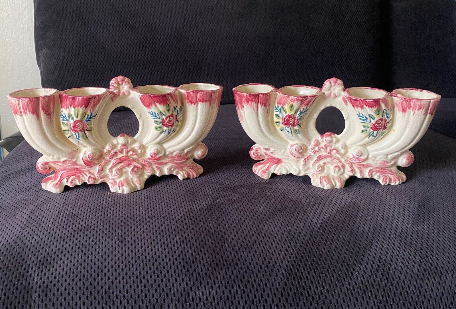 Pair of Vintage Japanese Ceramic Cornucopia Vases, Rose Bud Design, Horn of Plen