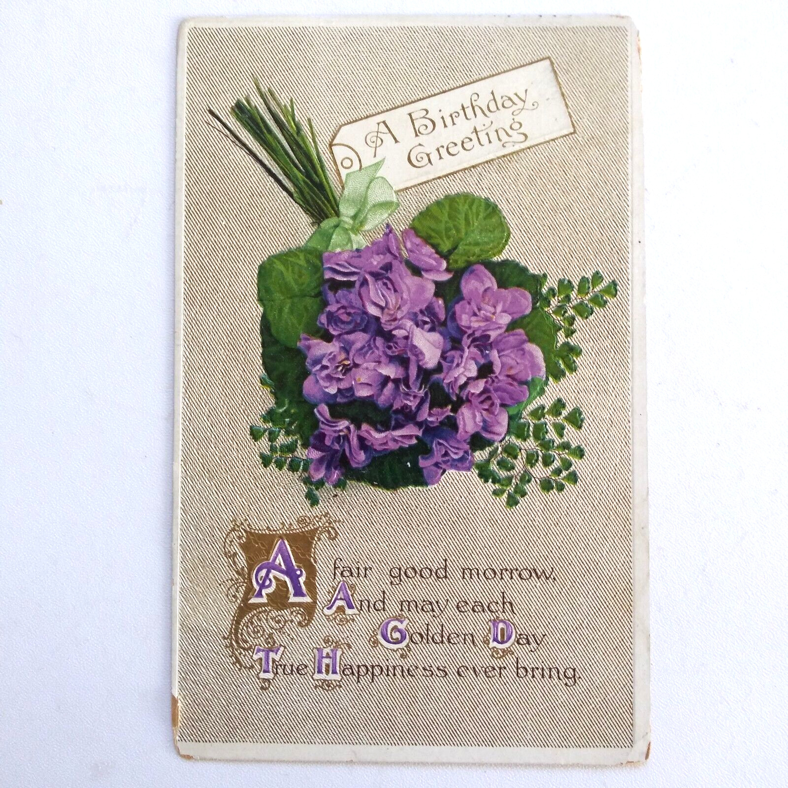 Antique Postcard Birthday Greetings Purple Hydrangea Flowers Embossed Filigree