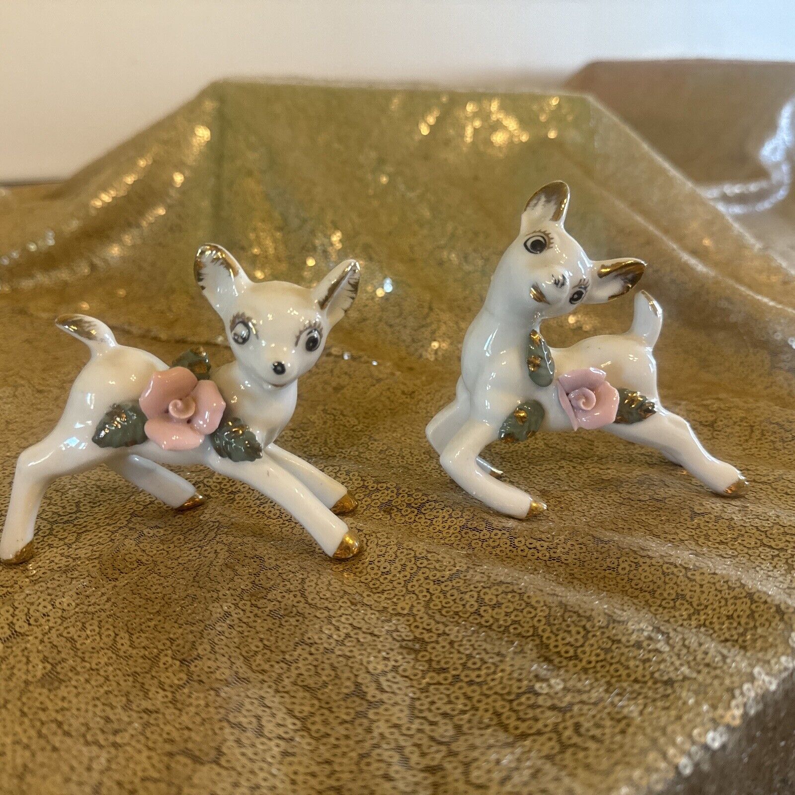 Vintage Ceramic Deer Roses Made In Japan Set Of 2 Unique Pieces