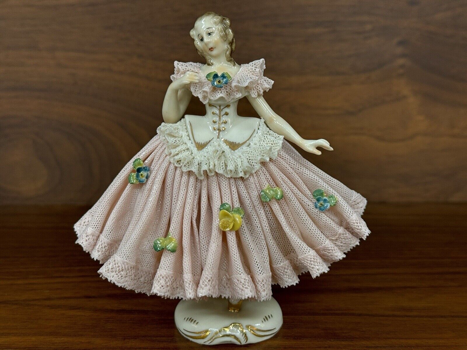 Vintage FURSTENBERG Germany Woman in Pink Dress Figurine, Dresden Style Lace