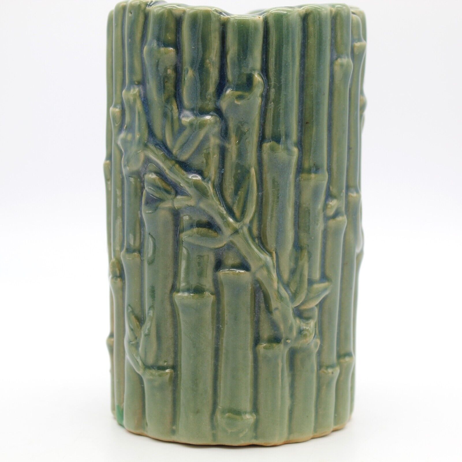 Ceramic Bamboo Vase Majolica Green Marked B-647 Pottery Mid Century 5.5 inch VTG