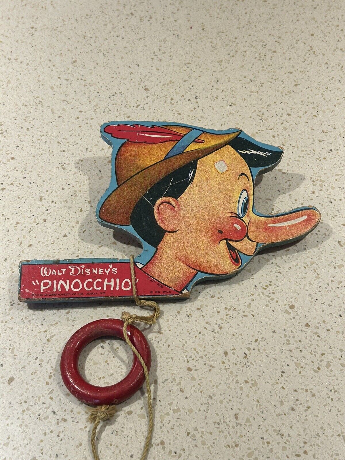 1930s RARE Disney Pinocchio Handmade Solid Wood Painted Ring Toss Toy - 9x6