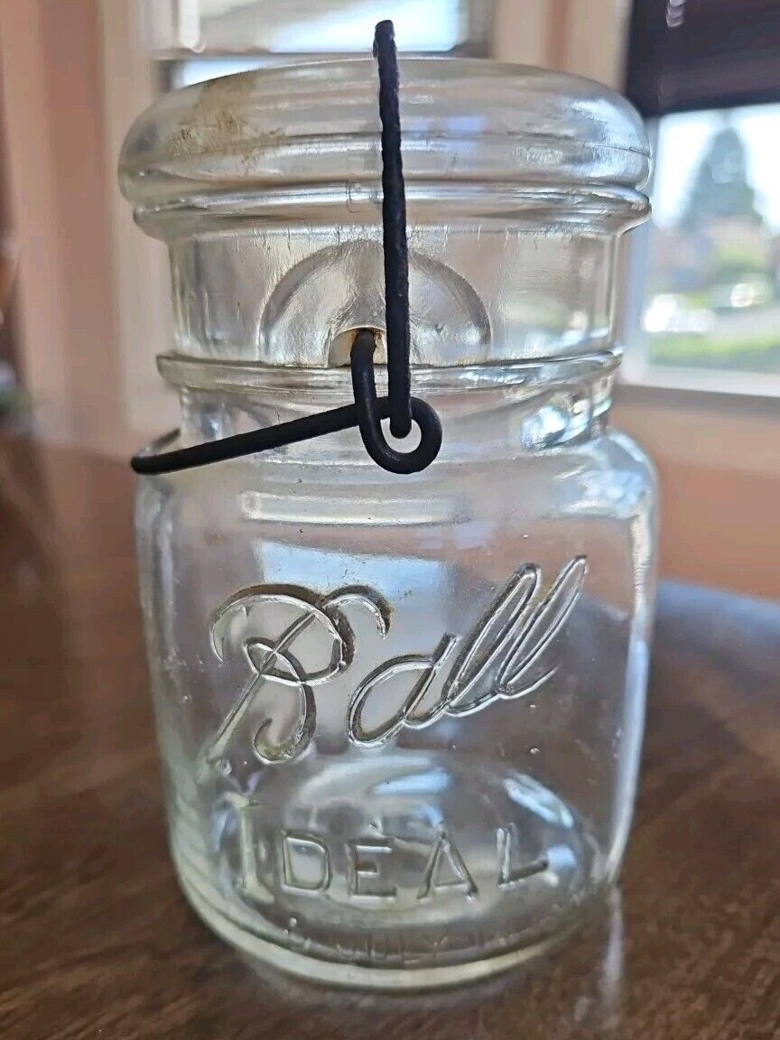 Vintage Ball Ideal Pint Mason Jar #6 July 14, 1908 Clear Glass Lid & Bale
