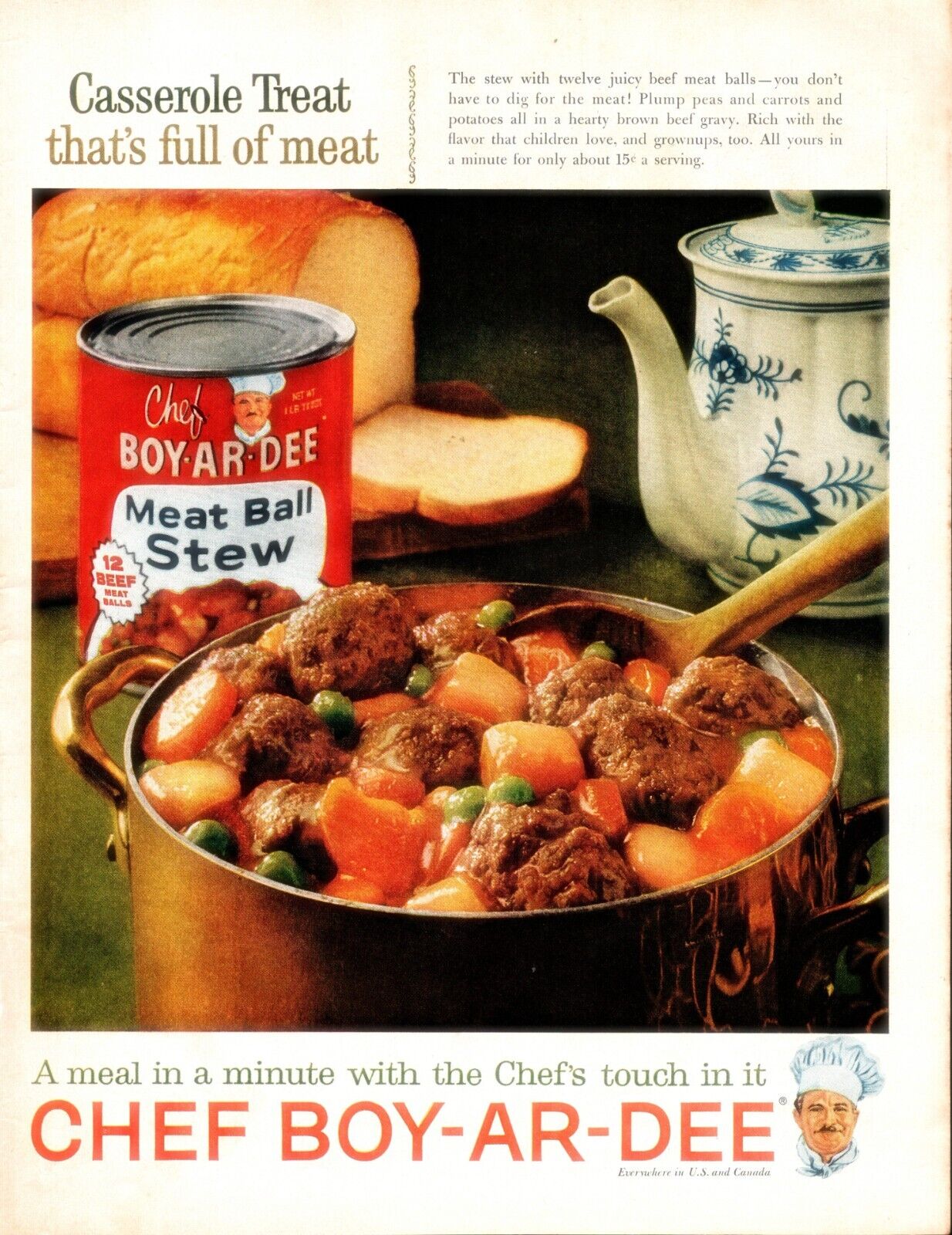 1961  Chef Boy Ar Dee Vintage Print Ad Meat Ball Stew Casserole Treat