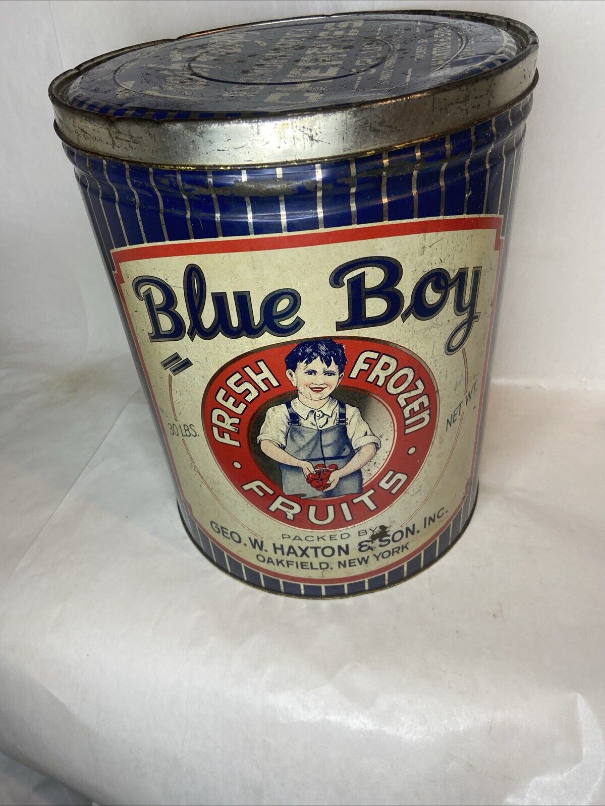 Antique Blue Boy Fresh Frozen Fruits 30 Lb Can  Geo W Haxton & Son Oakfield NY