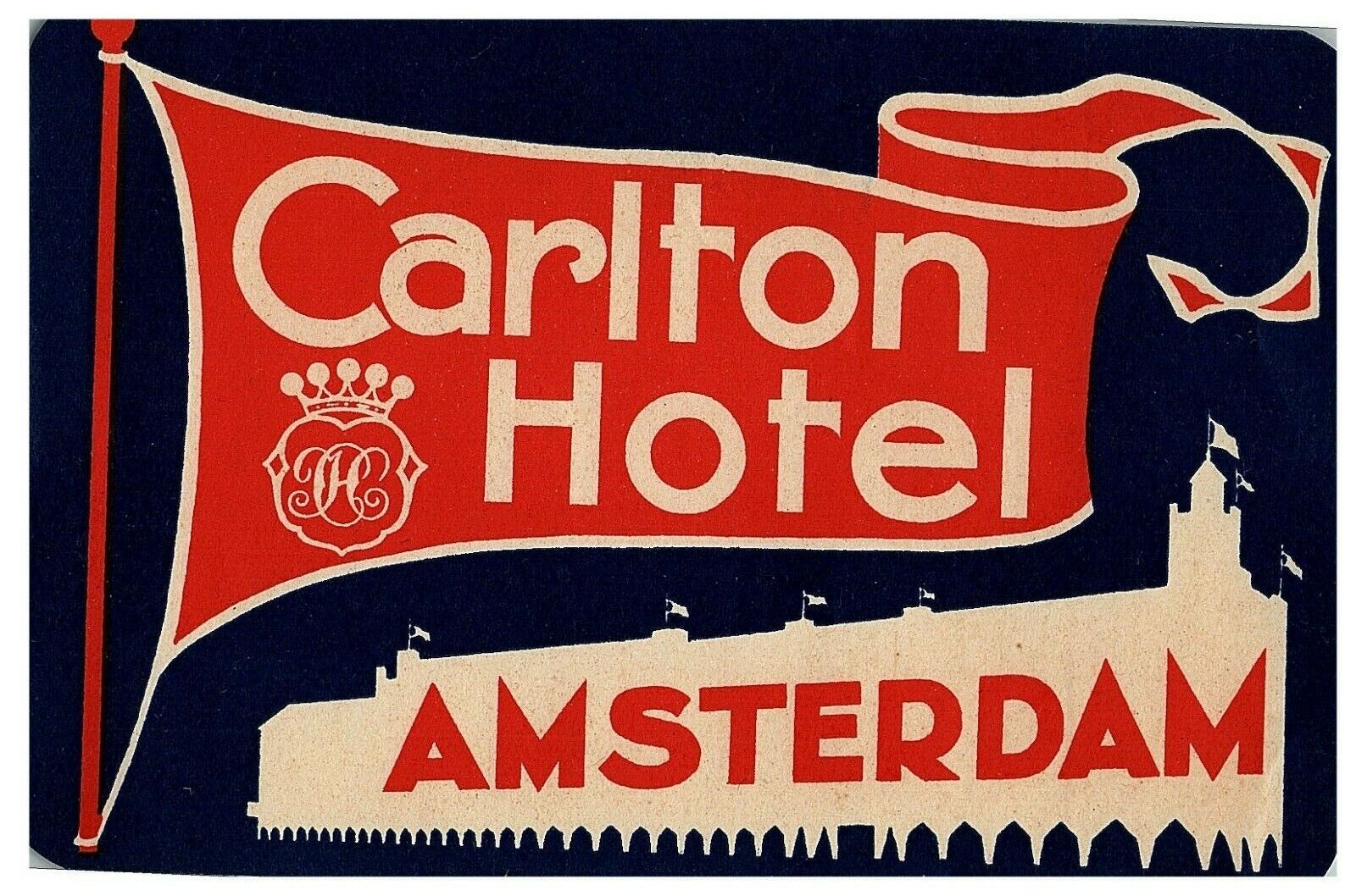 1930s-40s Carlton Hotel Luggage Label Original Sticker Amsterdam Netherlands Lg