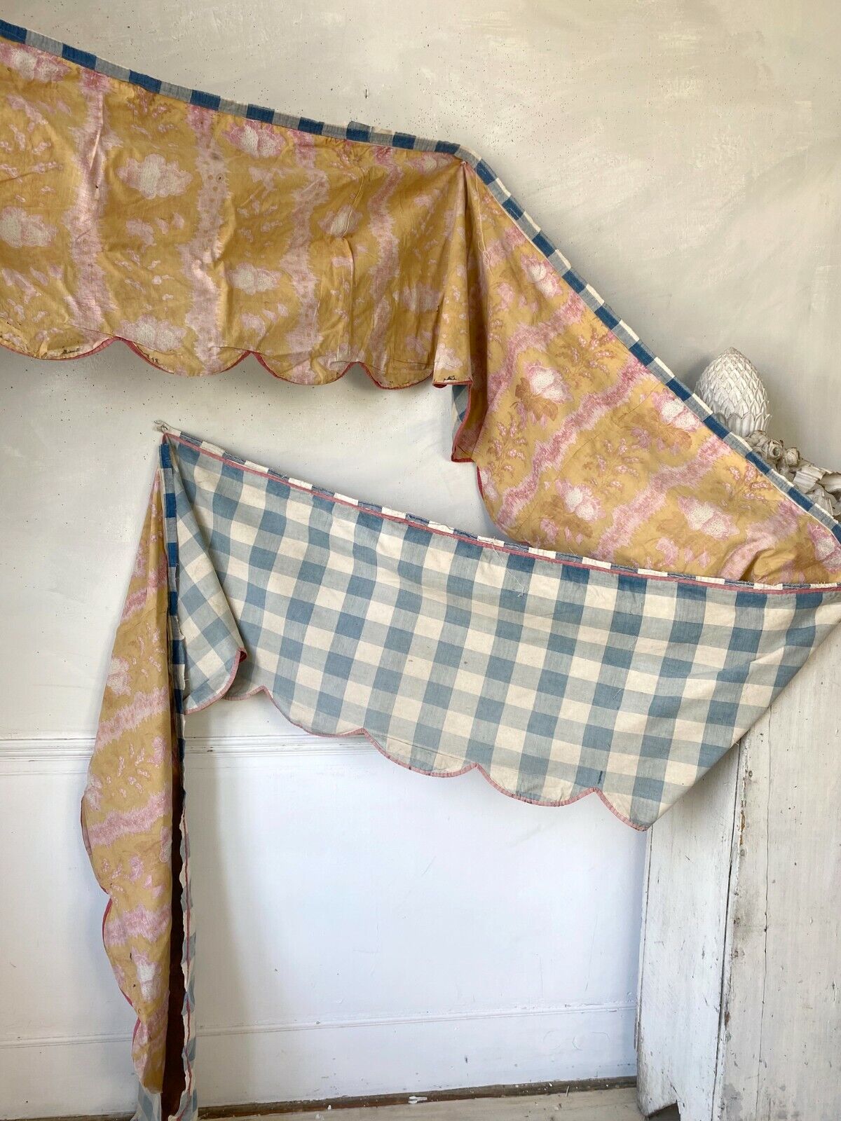 Antique French Vichy check valance two sided Alsace fabric curtain 1700s 