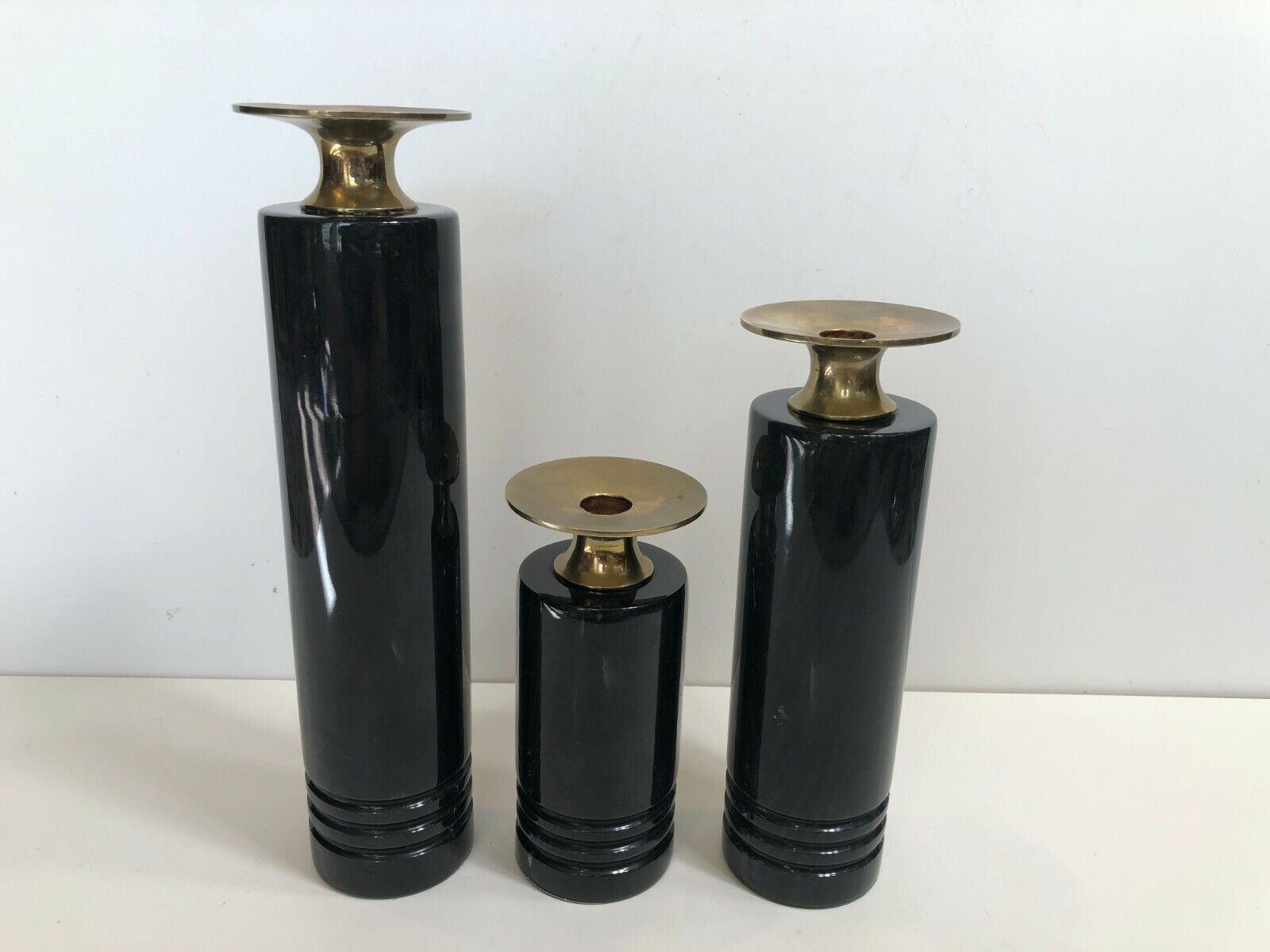 Set of 3 Vintage & Rare Dark Gray Marble & Brass Cylinder Shaped Candlesticks