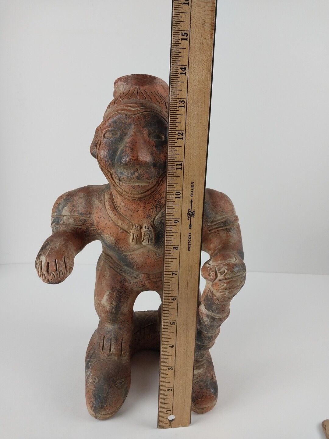 Vintage Terracotta Mexican Pottery Mayan Clay Figure, Shaman & Staff 