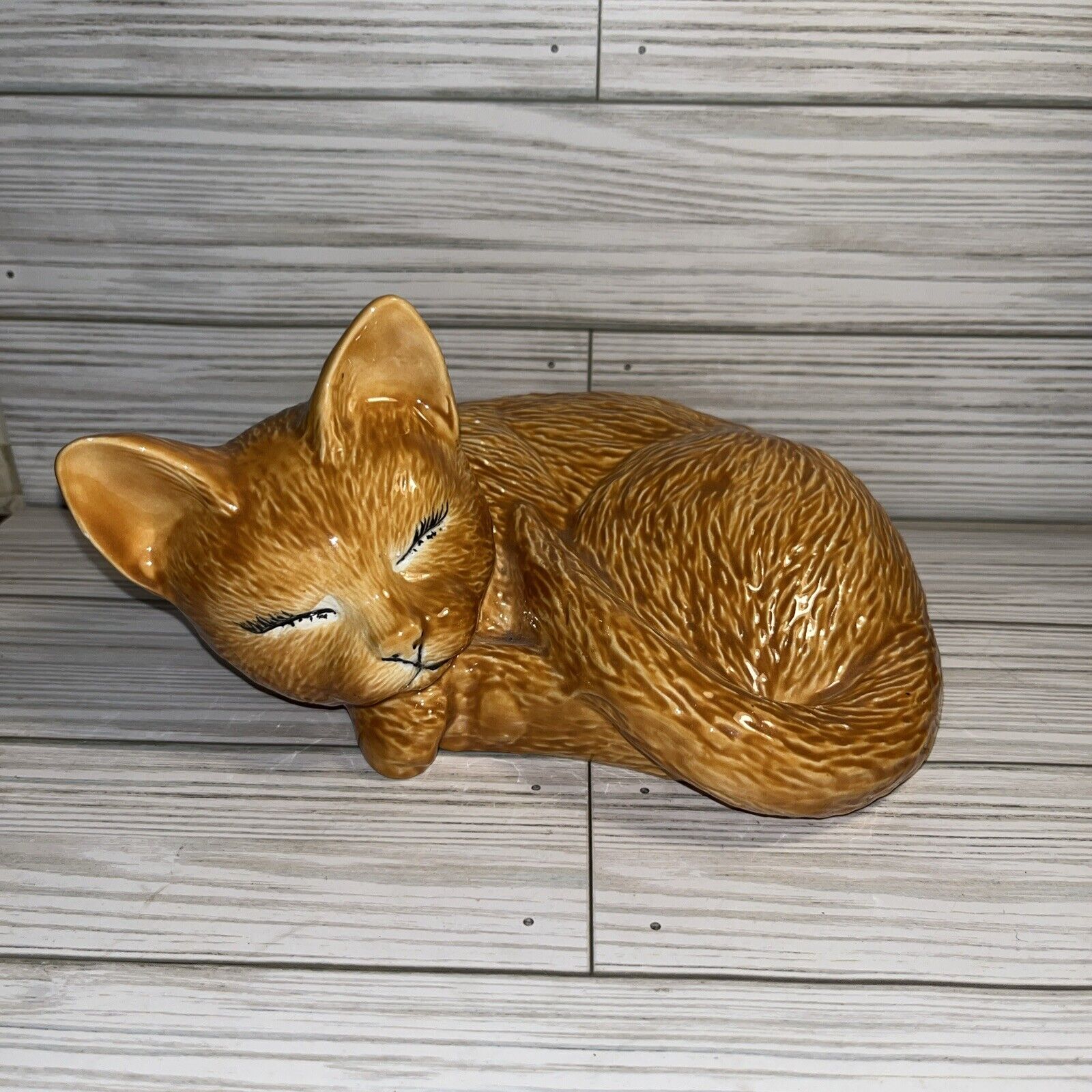 1987 Scioto Rare-Handmade Glazed Orange Sleeping Cat Approx 6.75” x  4.75” x 3”
