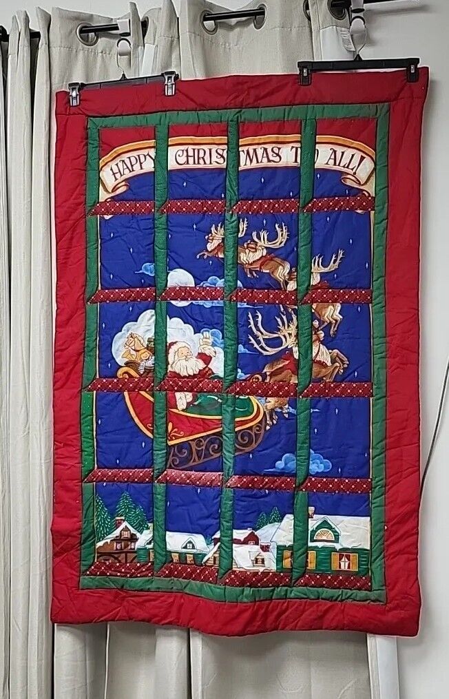 Vtg Handmade Happy Christmas To All Santa Attic Windows Holiday Wall Quilt 53X37