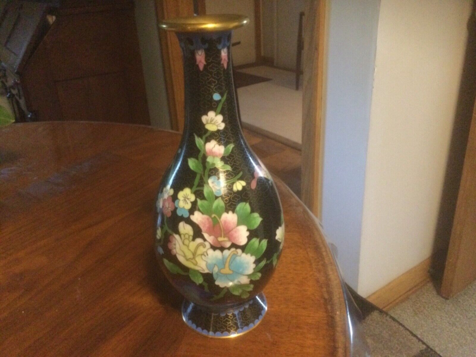 VTG.Chinese Blue,Pink,Green Cloisonne Brass & Enamel Floral Vase 10.5”H x 4”W EC