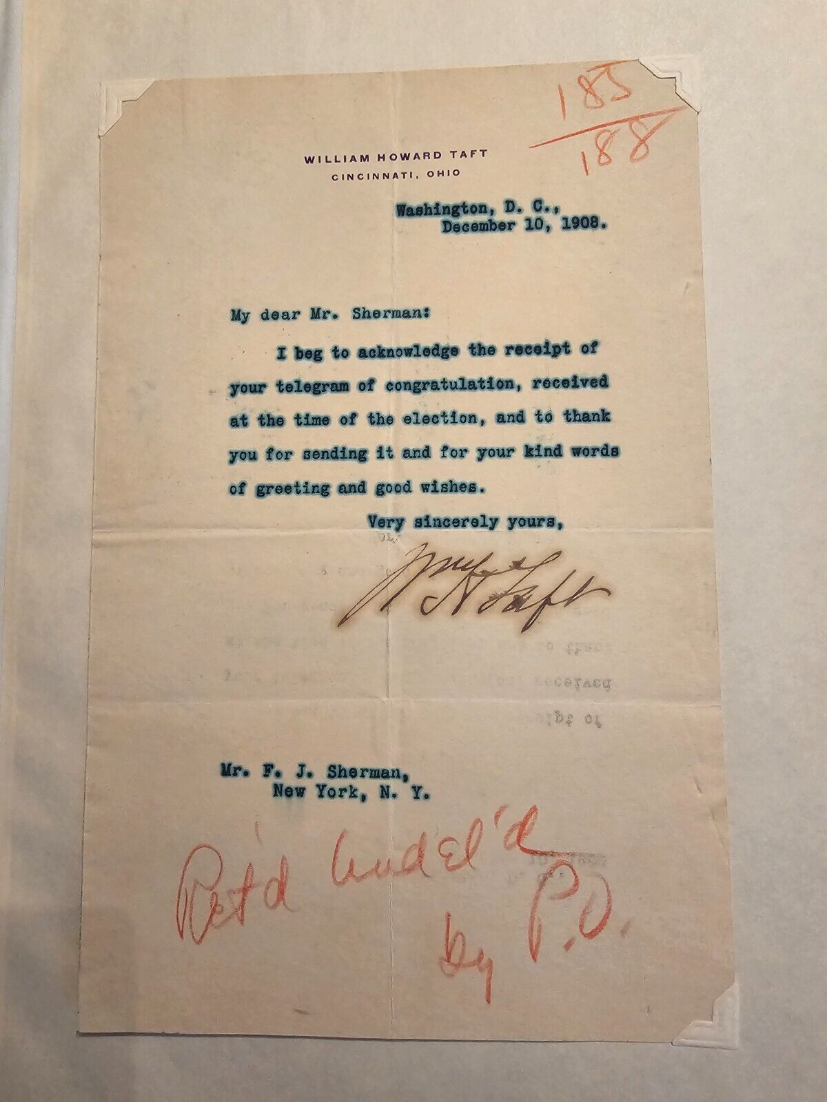 William H. Taft hand-signed letter - December 10, 1908