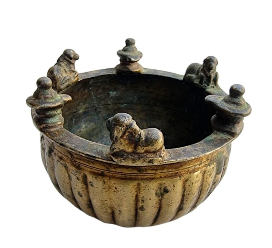 1800's Old Vintage Antique Brass / Bronze Rare Lord Shiva Nandi Worship Bowl Pot