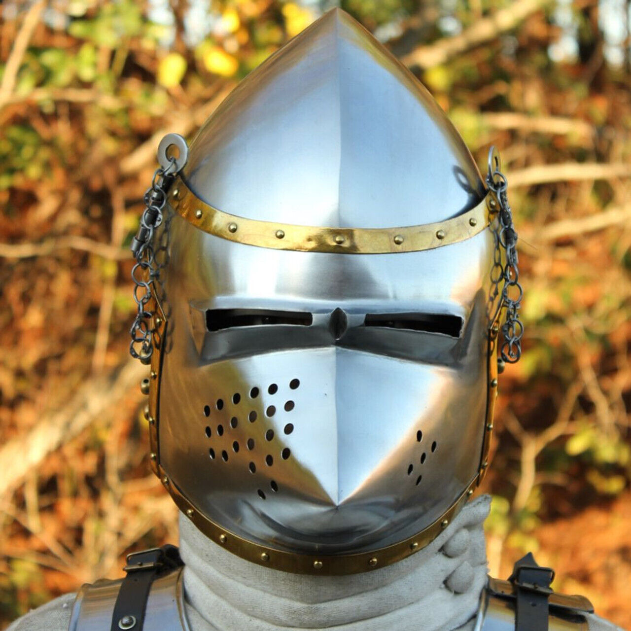 Medieval Hounskull Pigface Bascinet Helmet Stainless Steel Leather Straps