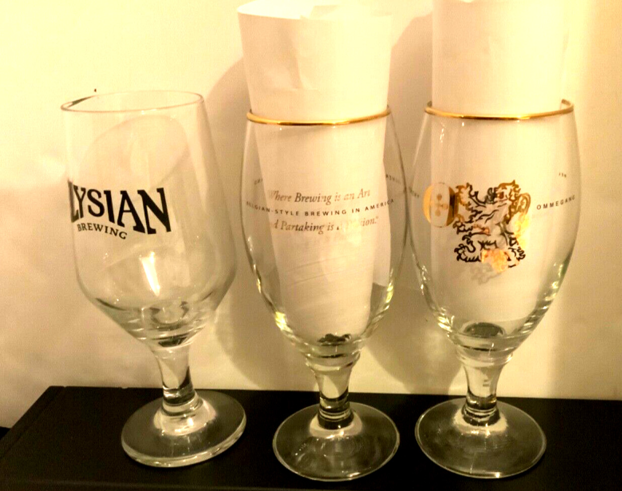 Lot of 2 Ommegang Brewery Beer Glasses + Elysian Brewing Glass