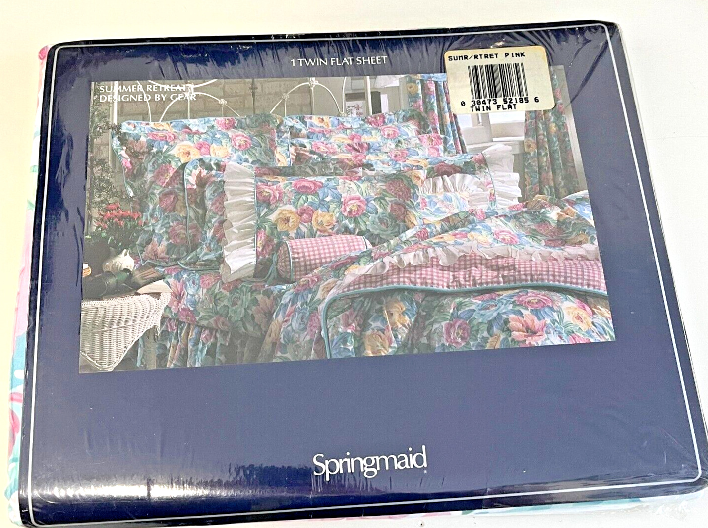 TWO Vintage Springmaid Floral Flat Sheet Percale Twin Bright Cottage Ruffle 90\'s