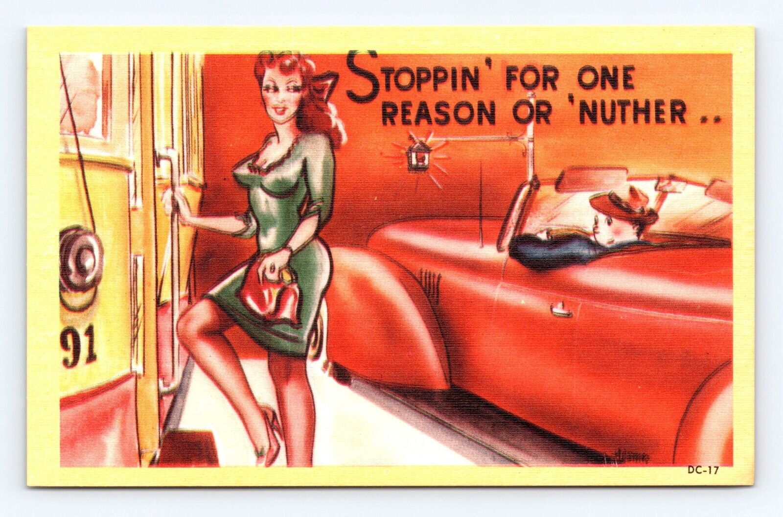 Postcard 1940s Humor Risqué Man Woman \'Stoppin for One Reason or Another\' Dress