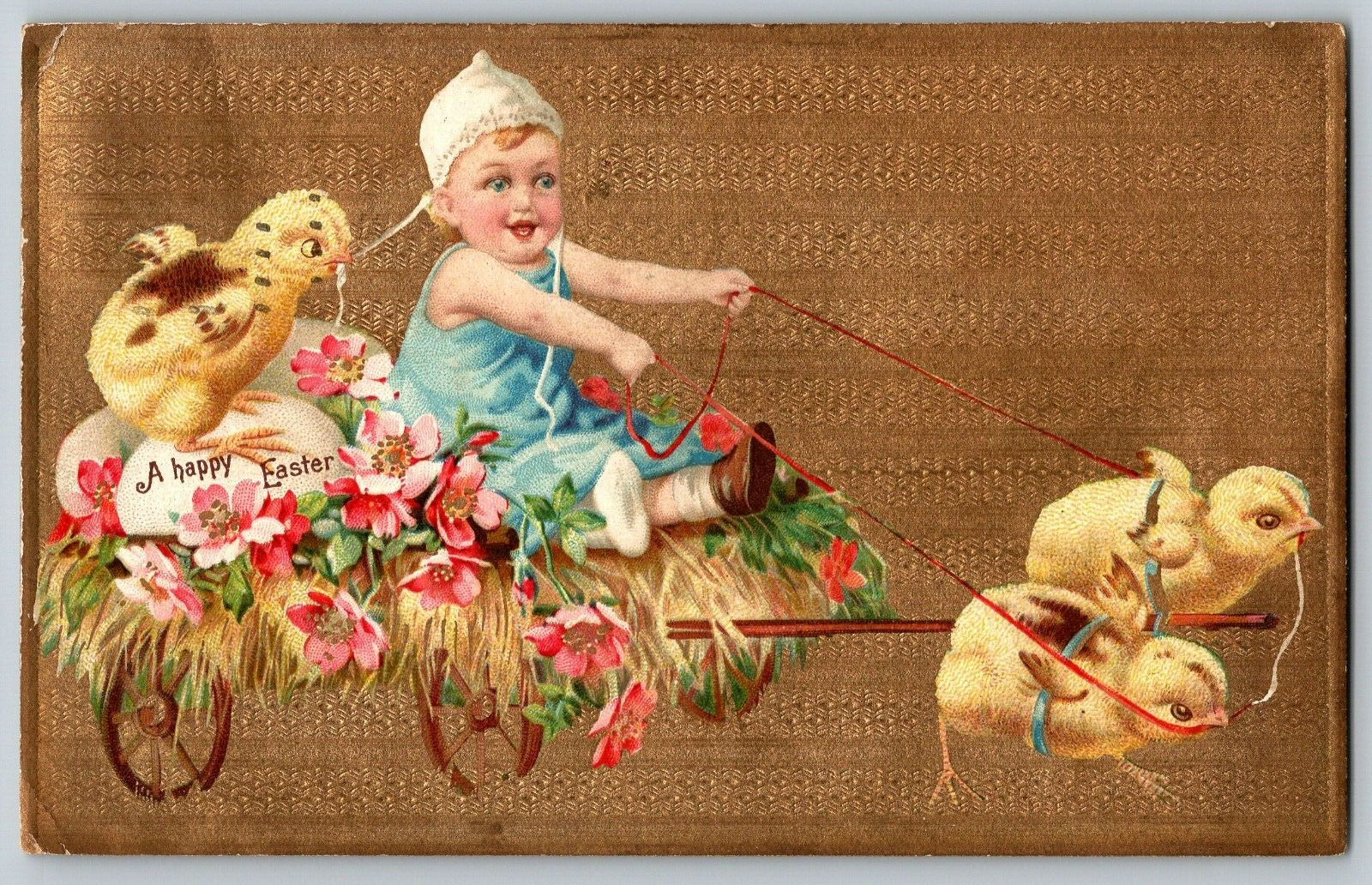 A Happy Easter - Easter Chicks Pulling Wagon & Baby  - Vintage Postcard, Posted