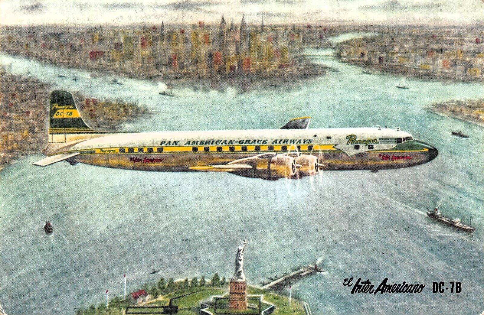 New York City Skyline Manhattan Panagra Plane DC-7B Ship 717 Vtg Postcard D50