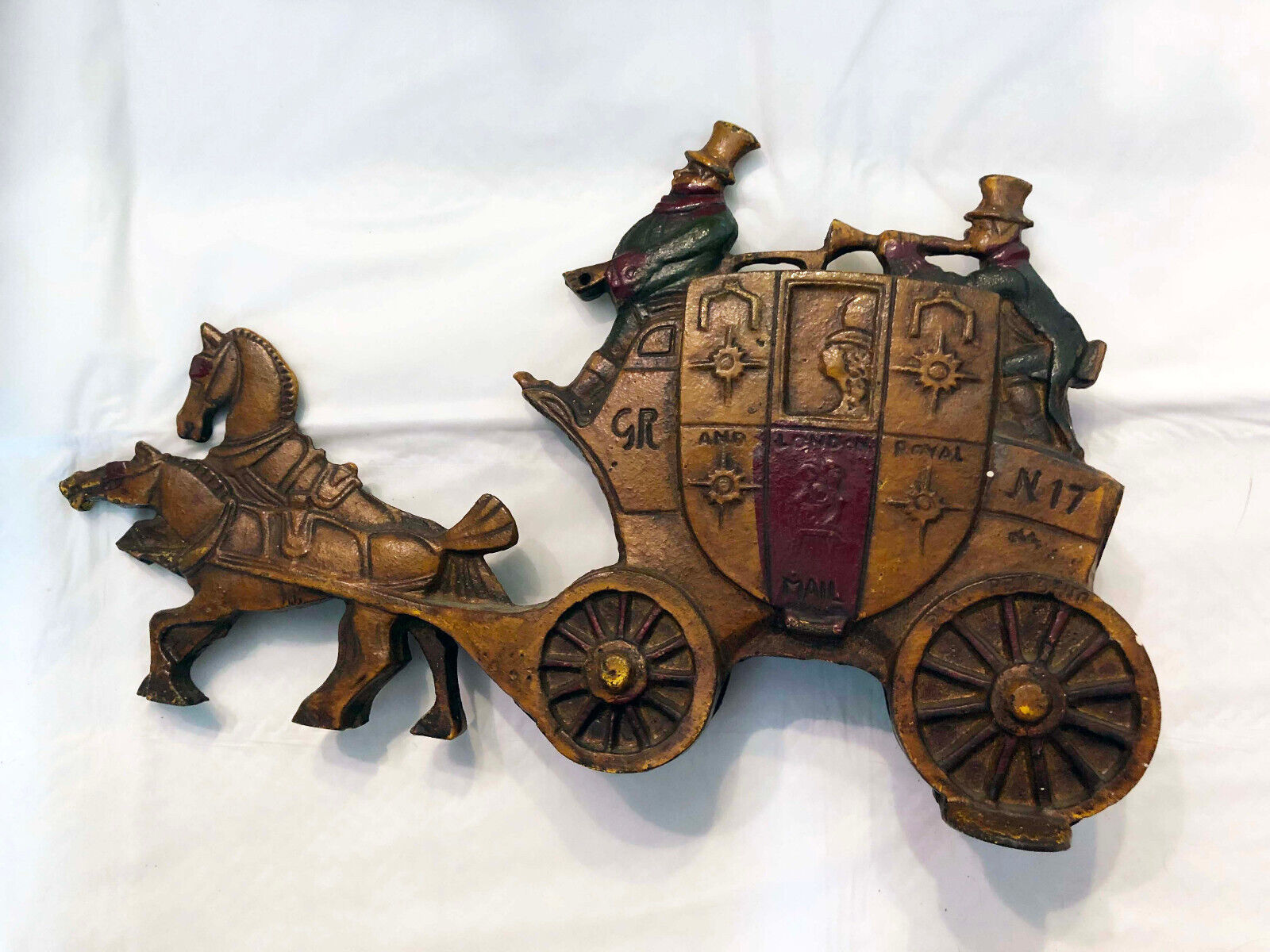 Vintage Cast Iron Doorstop  Stagecoach Horse and Carriage