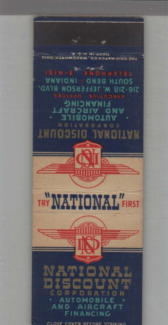 Matchbook Cover - Indiana National Discount Auto & Aircraft Financing South Bend