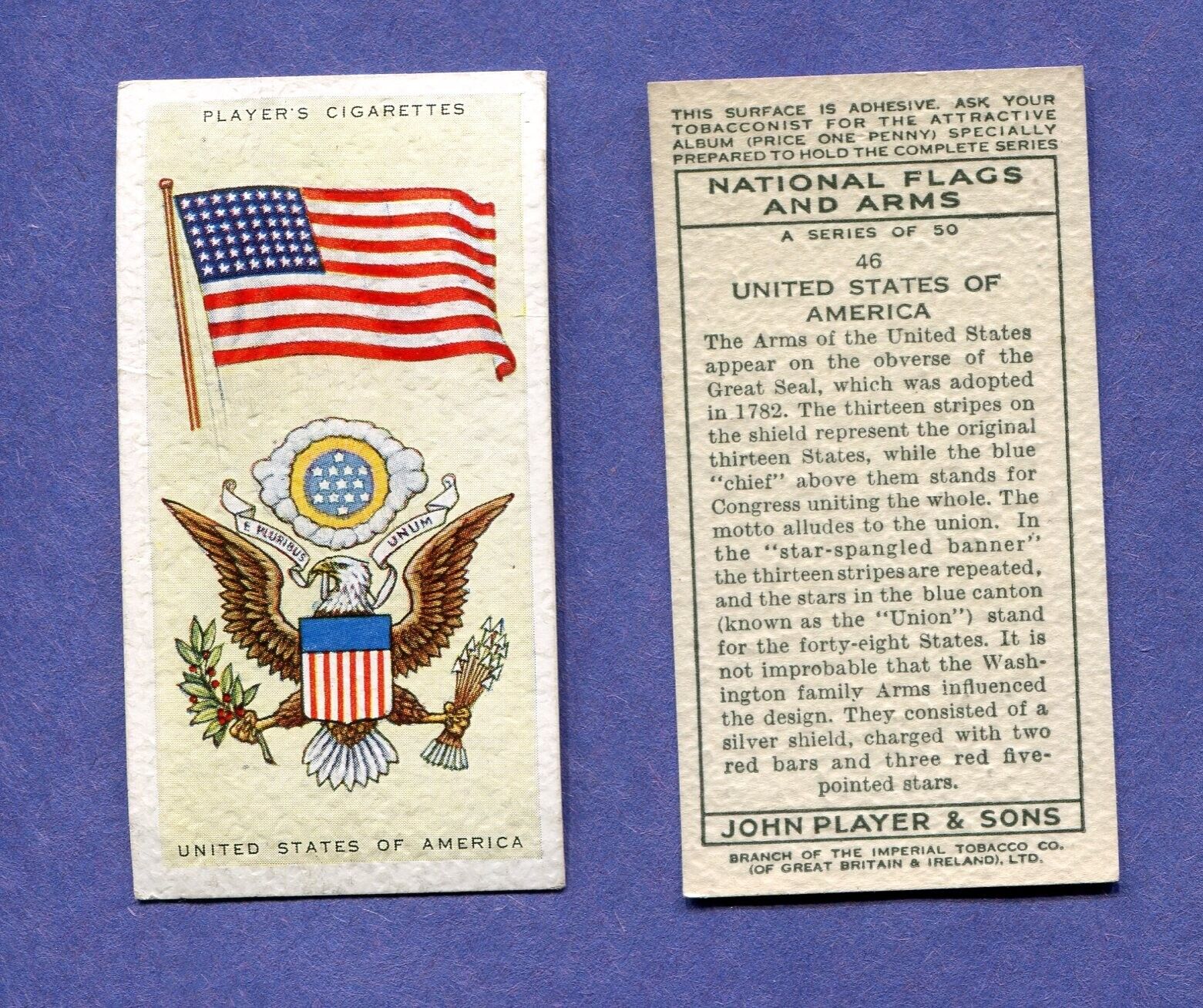 1936 JOHN PLAYER & SONS CIGARETTES NATIONAL FLAGS AND ARMS #46 USA AMERICA