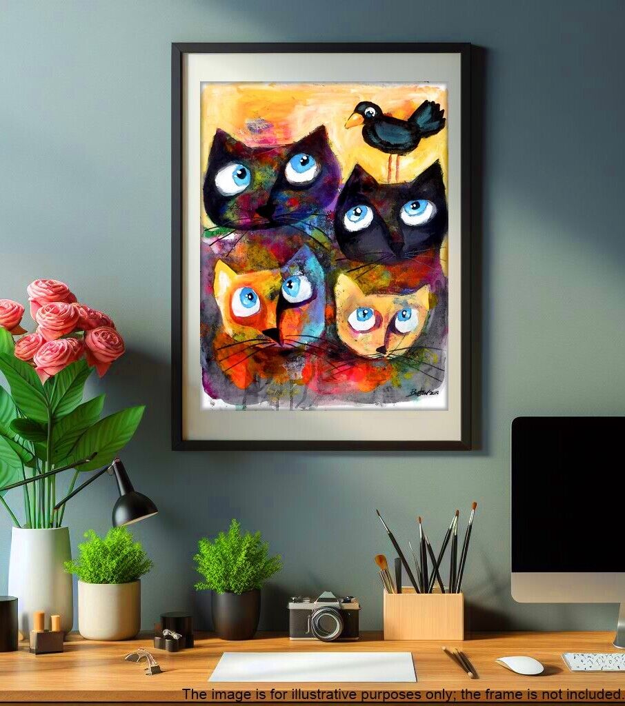 Vibrant Abstract print Art Four Cats & Black Bird LARGE  13 X 19 
